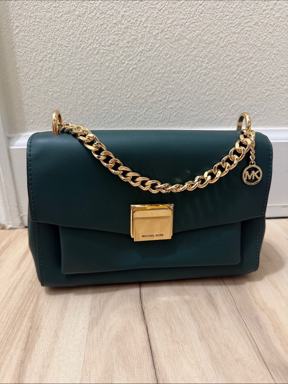 Michael Kors Emerald Green Leather Shoulder Bag with Gold Chain